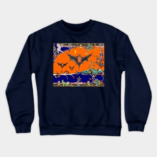 WEIRD MEDIEVAL BESTIARY,FLYING BATS IN NIGHT BLUE ORANGE ,UNICORN,KILLER RABBIT Crewneck Sweatshirt